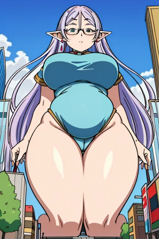 (Masterpiece) Giant maiden,Moe two-dimensional style,Pregnancy status,Round belly, Huge breasts, Thick thighs,Gaze at the bustling city, Lying down, Glasses, Full body