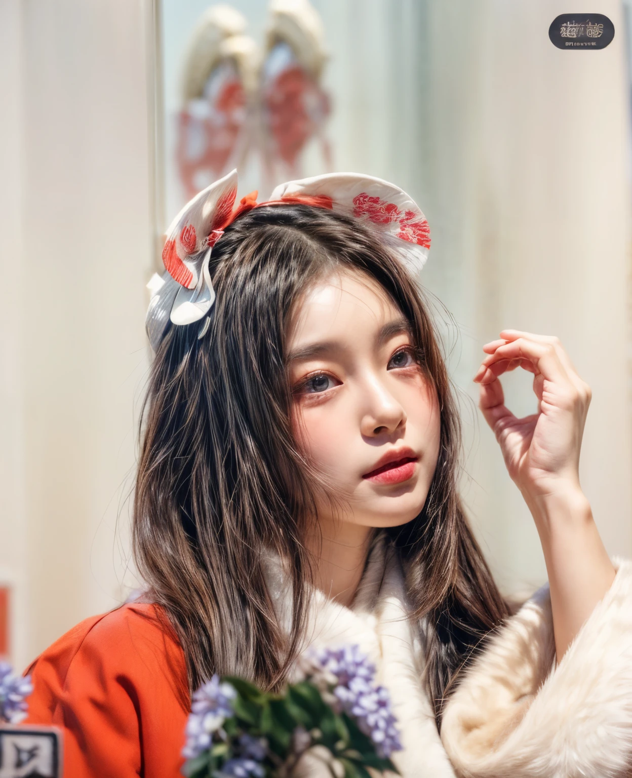 masterpiece、8K、32K、top-quality、(A detailed eye)、(A cute Japanese woman、bangss:1.3)、23years old、1 girl in、elegent、(Detailed background depiction、portlate:1.2)、(illuminations:1.5)、Cheerful、(View you:1.5)