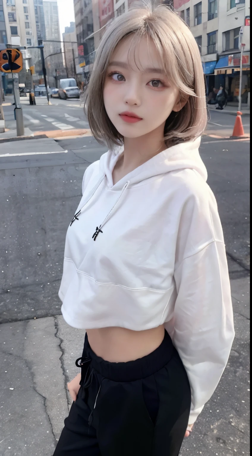 Top image quality、Raw photography、超A high resolution、21-year-old Korean、韓国アイドル、small tits、Dynamic angles、Cowboy Shots、The most beautiful forms chaos、elegent、Brutalist design、Beautiful white hair、a short bob、smil、shiny white skin、Beautiful eyes with random colors、Very beautiful eyes down to the details、elongated eyes、thin lipss、pale pink blush、long eyeslashes、beautiful double eyelid、eyeshadows、Black Hoodie 、Harlem pants、Large park、shot from a side angle、sexy pose