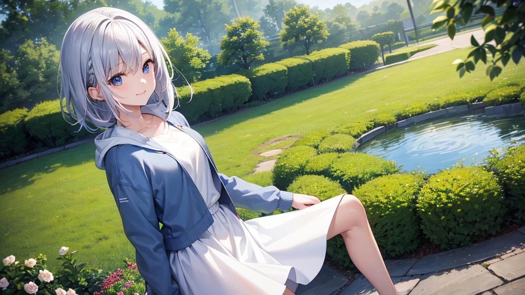 Ultra-high image quality,Look at viewers, hands behind back, girl with, 20 years old, Very short hair, long bangs between eyes, pale blue eyes, Hoodie, Skirt , Extremely detailed,(masterpiece、top-quality),white hightastic, Silver hair, Black eyes, Hoodie, White hoodie,a black skirt,Hair is short,White jacket, Casual style,Open jacket, Cowboy Shot、Fluttering hair ,profetional lighting,fantastic landscape,Blue sky, Sunlight,look down from above、facing front、fountain in the forest、flower field、5 fingers、Bright smile、(Detailed face)