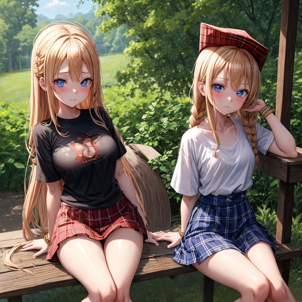 red blonde、blue eyess、Braids、one good looking girl、独奏、animesque、Plaid miniskirt、Black T-shirt、camisole、the woods、Sunlight、sitting on、Wearing a plaid baseball cap、bare-legged、small bracelet、Tilting your face、With a cheek cane