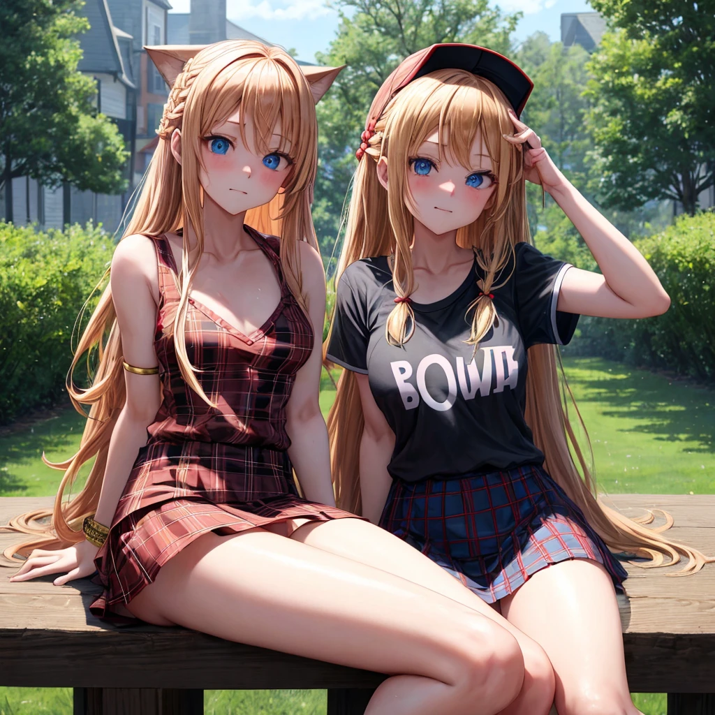 red blonde、blue eyess、Braids、one good looking girl、独奏、animesque、Plaid miniskirt、Black T-shirt、camisole、the woods、Sunlight、sitting on、Wearing a plaid baseball cap、bare-legged、small bracelet、Tilting your face、With a cheek cane