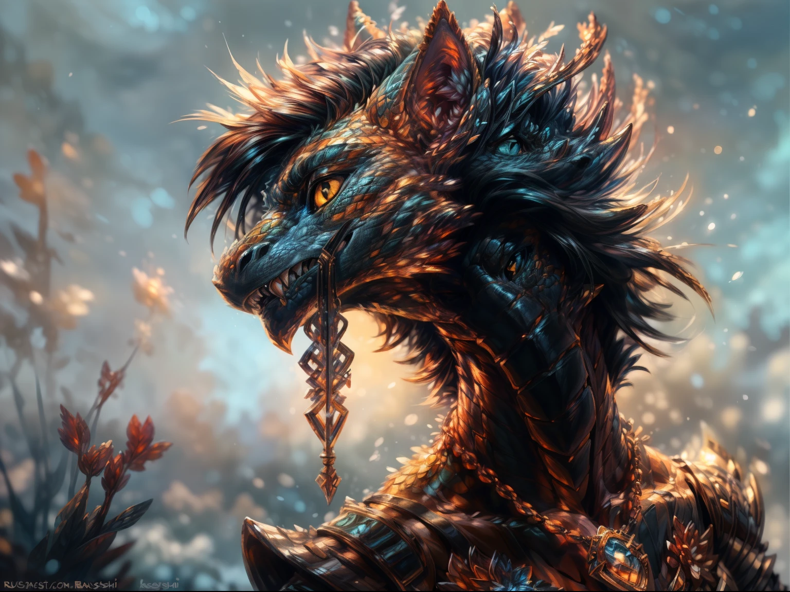 uploaded on e621, (male anthro dragon), (((male))), a closeup of a, Standing, 独奏, (((whitebackground))) brown and yellow scales (((wide shoulders))), (((very thin waist))), (((large shoulders))), (((Curvy dark mane))), Obsidian Mage Knight Armor, Druid, Mystic, Shamanic accessories, Magic Necklace, Evening, dim environment, (drawn by Bonifasko, kenket, by Ross Tran, by ruan jia, (frontal view), You look seriouackground], A detailed eye, masterpiece work of art, caustics, rim lighting, Single Light Source, solo portrait, (Digitgrade, toe claw), (kemono), Author: Inessa Garmash, by Greg Rutkowsky, pino daeni