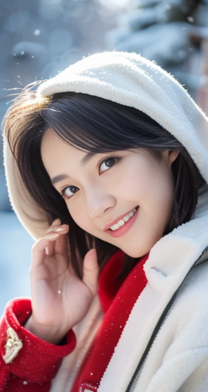 ((( masutepiece ))), (((Best Quality))), ((Ultra-detailed)), (Photo), ((extremely delicate and beautiful)),High resolution, 1girl in, 25 years old, Japanese beautiful girl, (Small breasts), ((Plump full lip)), (Wavy Hair),(Short hair), ((I have one small mole under my eye)), (Detailed eyes),(detailed facial features), (detailed arms),(Detailed fingers),(Details of Regulus body))) , snowscape, ((Smile)),(((Red coat))), ((Film grain)), ((SLR camera)), ((35mm lens focal length))
