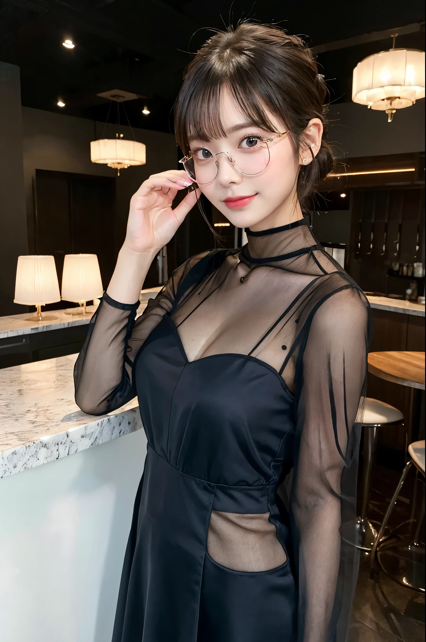 ulzzang -6500-v1.1, (Raw photo:1.2), (Photorealsitic), (See-through:1.3), (Real:1.4), ((FULL BODYSHOT:1.6))、１Girl in glasses、22year old、game_nffsw,  Round glasses(eye detailed), Smile of shame、(elegant long dress:1.3),  (Ultra-realistic pantyhose:1.2),   (high-heels:1.2), (I keep my hair up and short)、Turn around at the party venue、huge filesize, hight resolution, ighly detailed, top-quality, [​masterpiece:1.6], illustratio, ighly detailed, nffsw, finely detail, top-quality, 8k wallpaper, Cinematographic lighting, cute droopy eyes beautiful big eyes、Pieckfinger, ((masutepiece)), Best Quality, 1girl in, eye shadow, realistic skin textures、shinny skin、Exposed thighs!!! , make - up、
