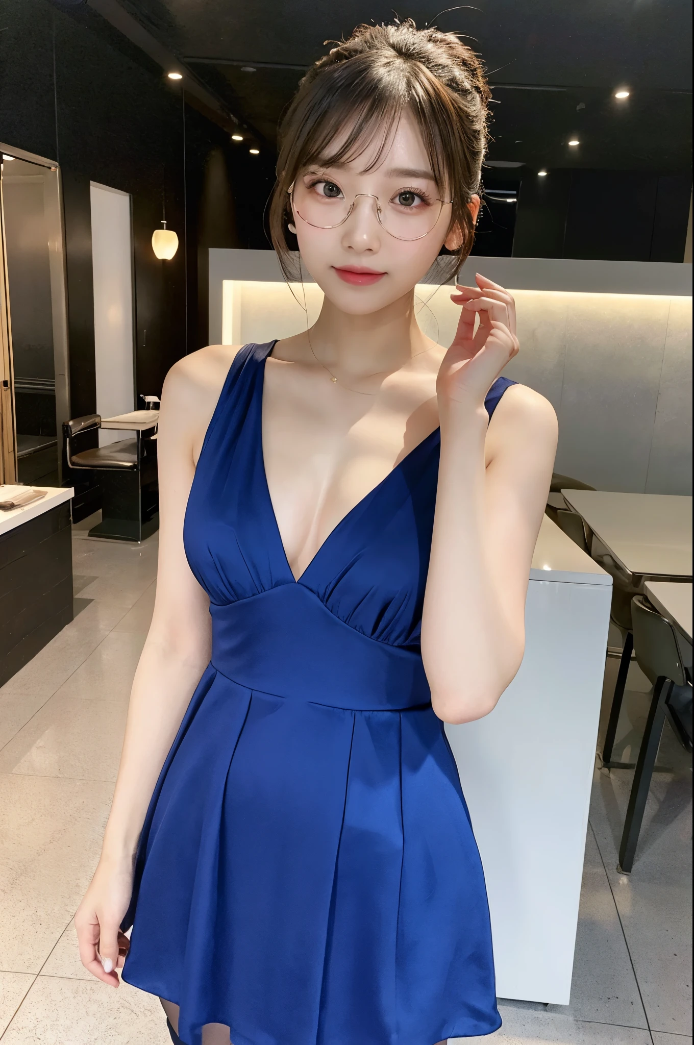 (Female bartender serving beautiful cocktails at dimly lit bar counter,),(( naked、Nipples、pussy、Big Breasts))、Japan Idol Girl、Laughter、(Reddish brown straight bob cut hair、hairpin)、Big Breasts、(((Pour ice into a shiny glass container,、Enjoy a colorful, summery blue cocktail.,))),Beautiful fingers,Beautiful fingers先,Staring at the audience、