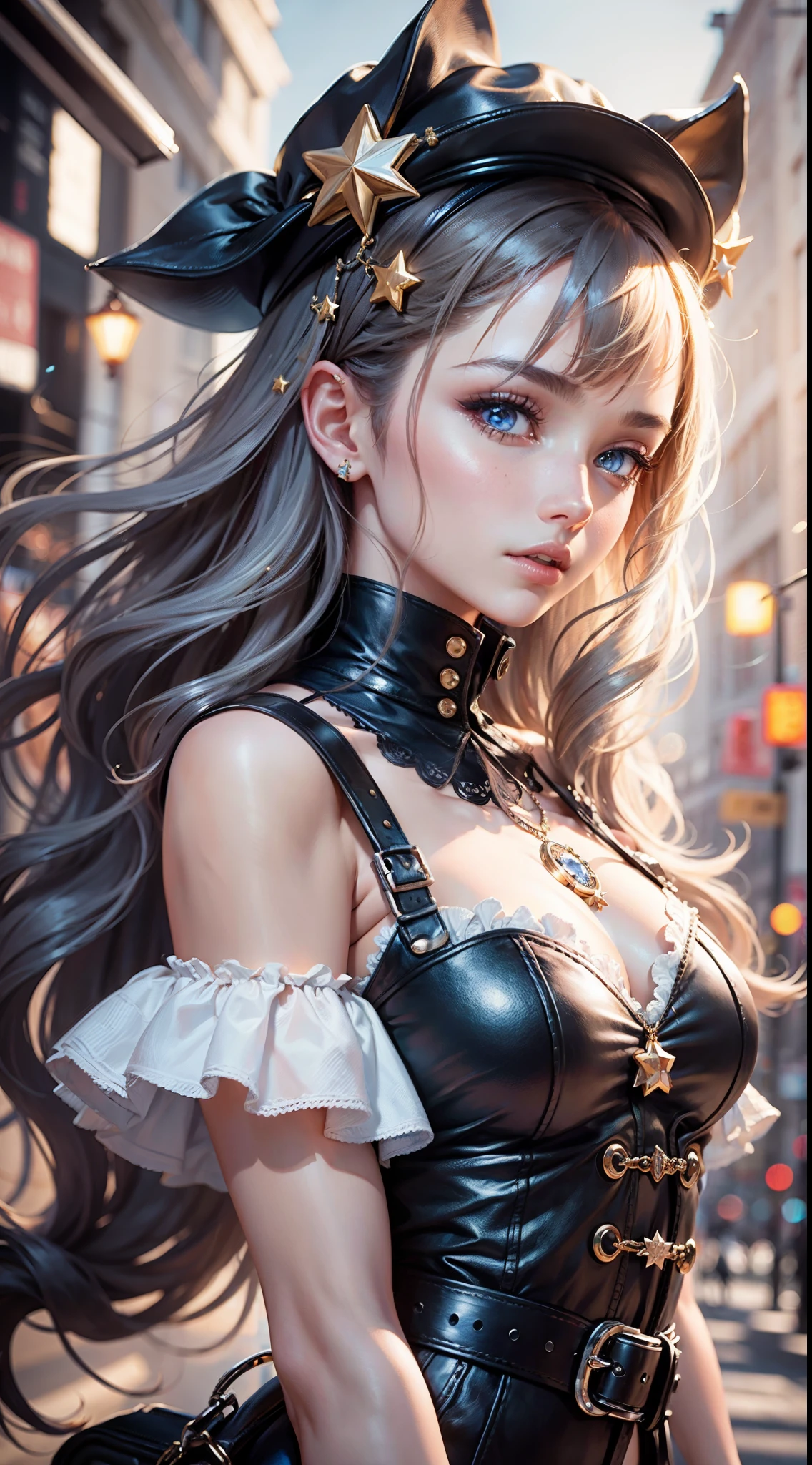 A stunning 3D anime rendering of a hyperfeminine female android. She is dressed in a form-fitting, metallic outfit with a Victorian-inspired design, complete with lace and frills. The android has smooth, porcelain-like skin, with long, flowing silver hair and large, expressive eyes. In her hand is a delicate, intricate fan, and she stands poised with a graceful smile. The background features a futuristic cityscape, with neon lights and towering buildings that reflect the android's high-tech nature., anime, 3d render