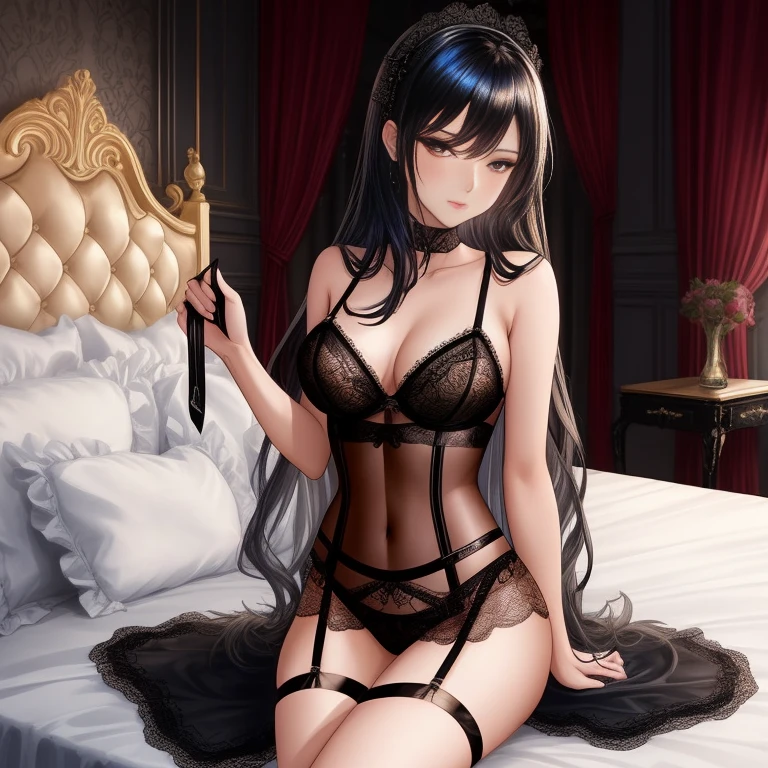 araffed woman in a black lingerie sitting on a bed, wearing sexy lingerie, laced lingerie, lingerie, thin black lingerie, seductive lingerie camisole, intricate and detailed lace set, lingeries beauty, lingerie!!, captivating and enticing, honey birdette, Black lace, " , iridescent shiny sheer lingerie, elegant corset, Black bodysuit, Silk