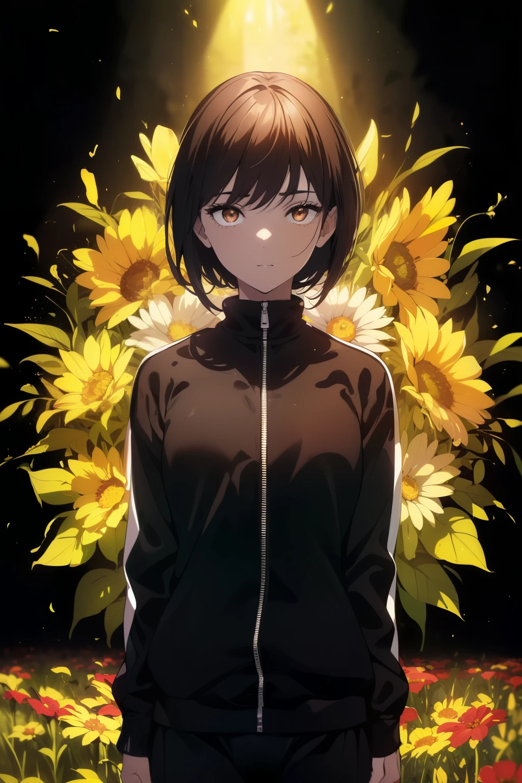 ((((Obra maestra, La mejor calidad, ultrahigh resolution)))), 1girl, standing, (((wearing a black tracksuit))), (short hair in view, in frame), pale skin, ((brown eyes)), (glowing_eyes, luminescent eyes), (ultra detailed eyes:0.7, beautiful and detailed face, detailed eyes:0.9), ((centered)), smile, ((wide shot)), facing viewer, (((vibrant background of outdoors, field of flowers, bright lighting, summer, sunlight))), flat chested, looking at viewer, ((perfect hands)), ((head:1, hips, elbows, arms, in view)), ((hands behind back)), beautiful lighting, defined subject, (18 years old), ((cool looking)), ((sun glare))