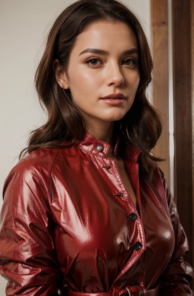 60 year woman, buttoned shiny red jacket, photorealistic beautiful face, belted