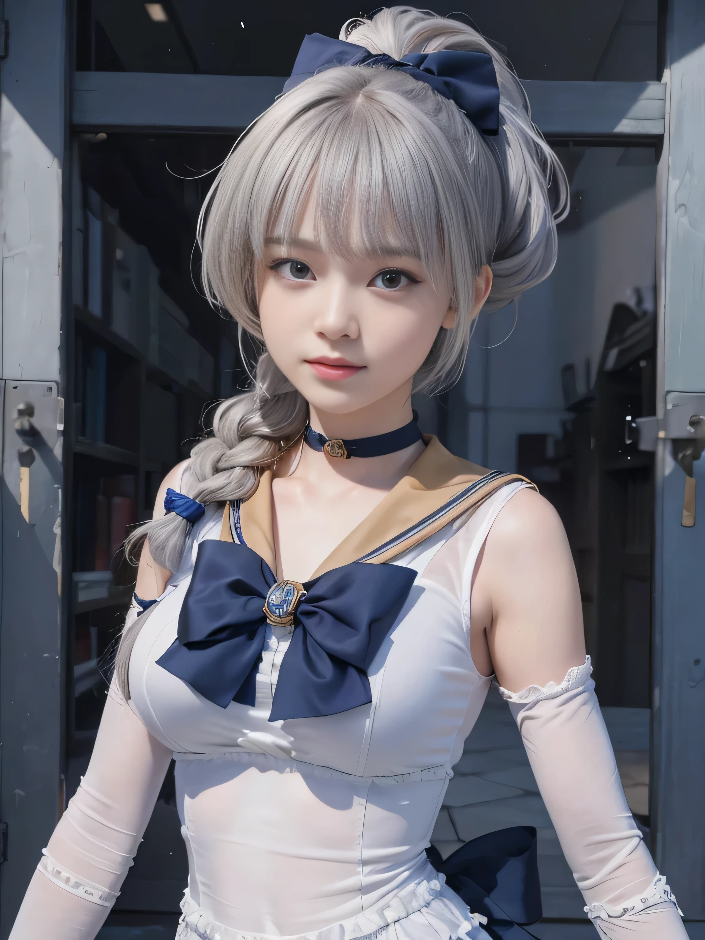 masterpiece, best quality, (realistic, photo-realistic:1.4), (RAW photo:1.2), extremely detailed CG unity 8k wallpaper, delicate and beautiful, amazing,finely detail, official art, absurdres, incredibly absurdres, huge filesize, ultra-detailed,extremely detailed eyes and face,light on face,little smile,white hair,windows background,braided hair,blue ribbon,wearing sailor uniform
