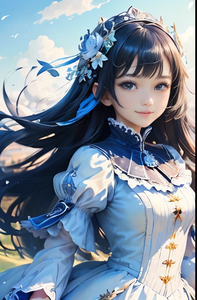 Blue Sky Background、((​masterpiece)))、(((top-quality)))、((ultra-detailliert))、(highly detailed CGillustration）、hime、Winddress、dress made of strange material、Wearing the wind、gorgeous dress、Refreshing spring breeze、Perfect Angle、perfect-composition、dynamicposes、perfectly beautiful face、Upper body view、Detailed eyes、(adorable smiling)、