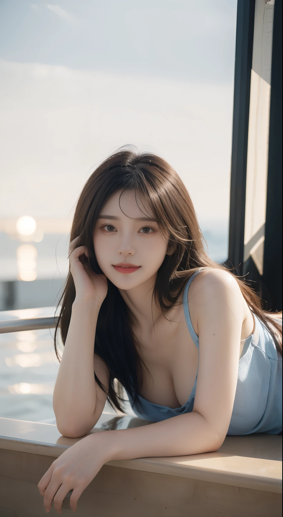 夏天,the sunset,Intense light and shadow,Render sunlight across the entire screen,girl,从girl侧面拍摄的特写,girl可爱而浪漫,Grinning,Lying on the railing,The composition is centered,Background bokeh,Highlight the characters,Long dark brown hair blown by the wind,Clothing that exposes