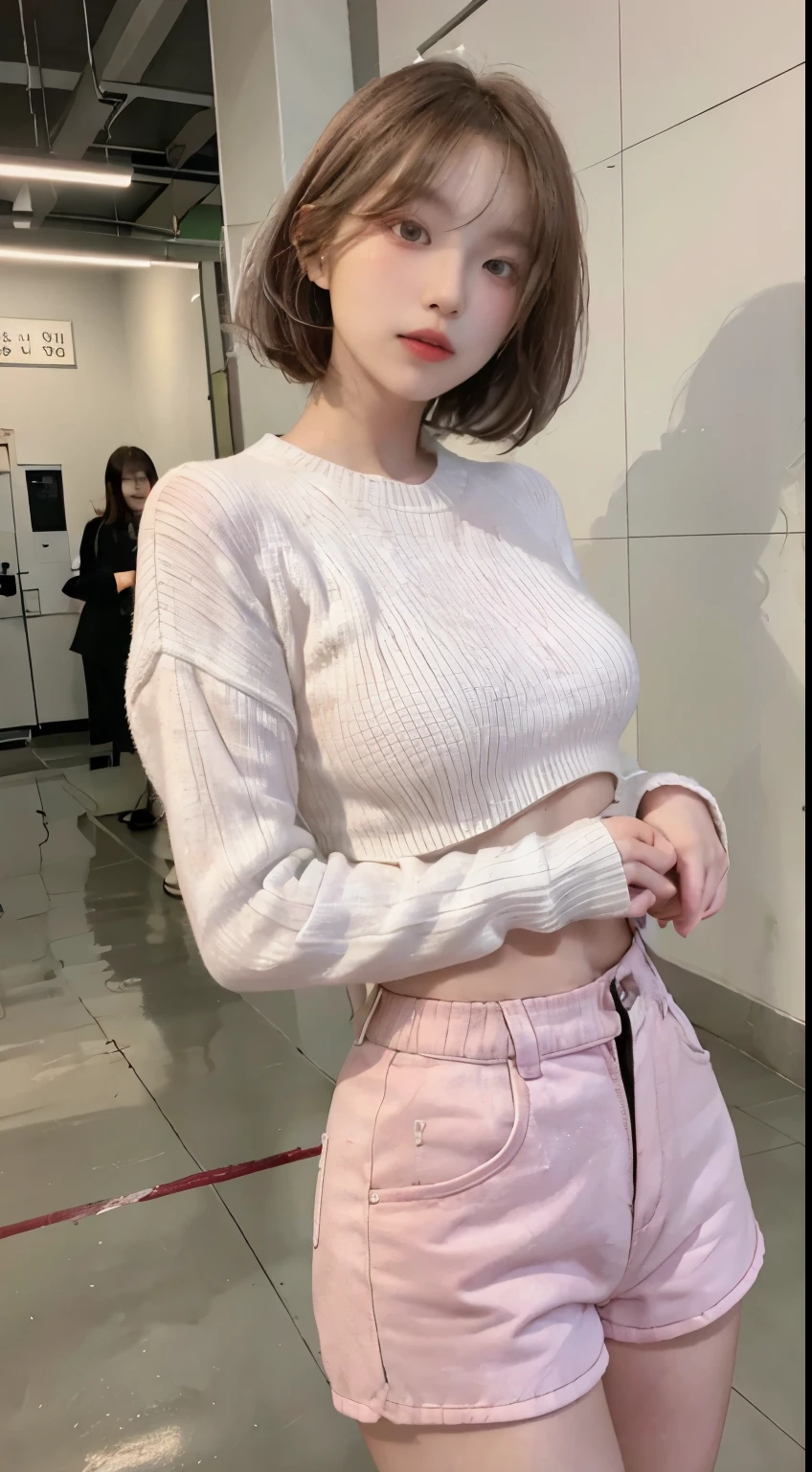 Top image quality、Raw photography、超A high resolution、21-year-old Korean、韓国アイドル、small tits、Dynamic angles、Cowboy Shots、The most beautiful forms chaos、elegent、Brutalist design、Beautiful white hair、a short bob、smil、shiny white skin、Beautiful eyes with random colors、Very beautiful eyes down to the details、elongated eyes、thin lipss、pale pink blush、long eyeslashes、beautiful double eyelid、eyeshadows、Large sweater、hotpants、Large park、shot from a side angle、sexy  pose