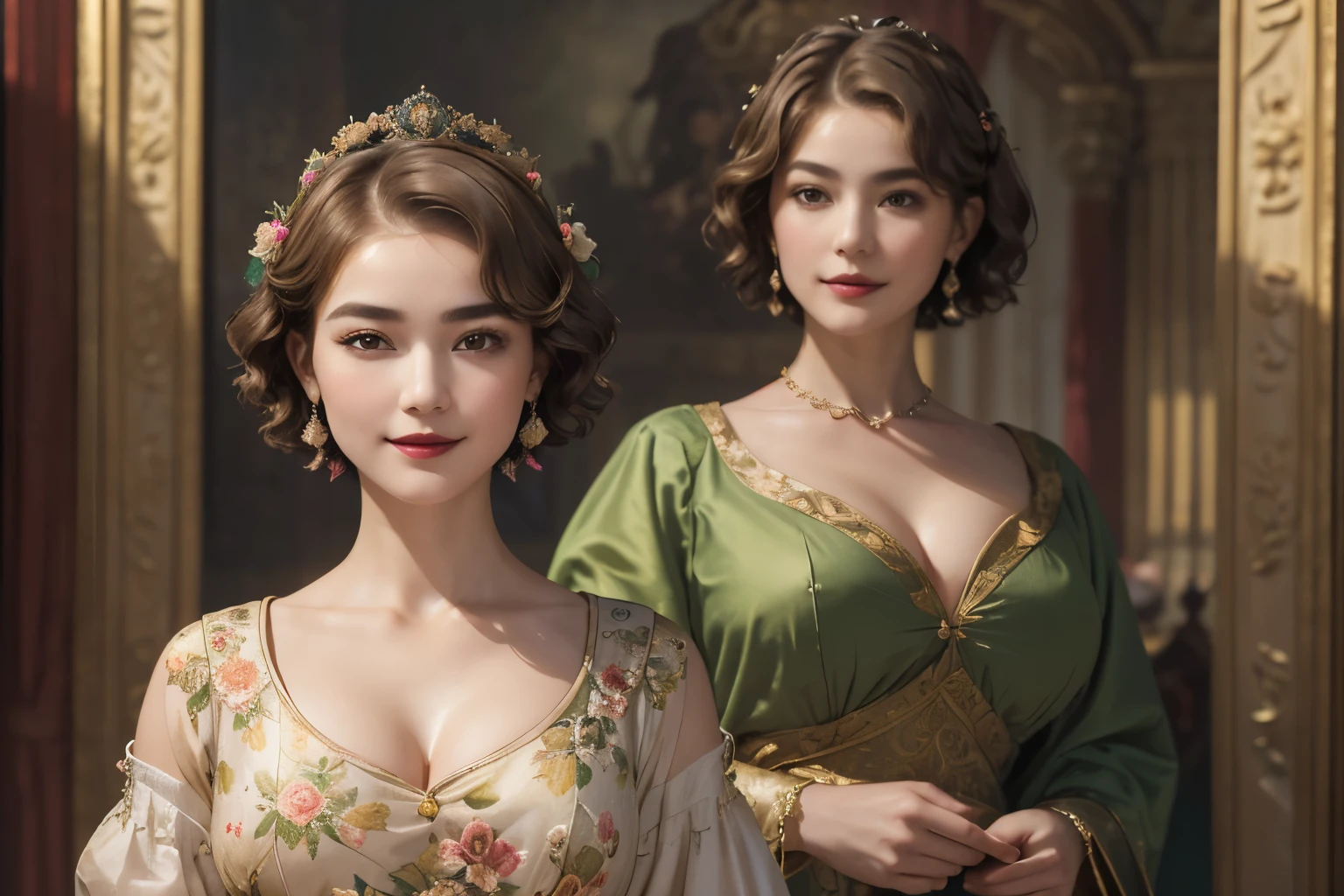 140
(a 20 yo woman,in the palace), (A hyper-realistic), (high-level image quality), ((beautiful hairstyle 46)), ((short-hair:1.46)), (kindly smile), (breasted:1.46), (lipsticks), (is wearing dress), (murky,wide,Luxurious room), (florals), (an oil painting、Rembrandt)