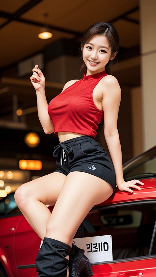 arafed woman in red top and black shorts sitting on a red car, , Hwang Se - On, korean female fashion model, gorgeous young Korean Woman, red car, pinup model, Korean Girl, high quality photograph, pinup body, pinup, Korean Woman, Sexy look, miura kentaro, Japanese Models, beautiful young Korean Woman,Looking at me and smiling,Hugebreasts,
