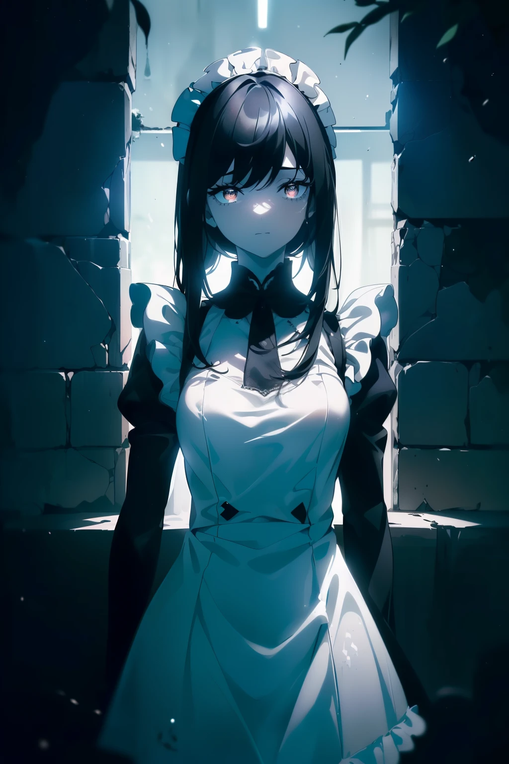 ((((Obra maestra, La mejor calidad, ultrahigh resolution)))), ((a shy maid)), standing, ((wearing french maid outfit)), long hair cut, pale skin, ((dark black hair, blue tint)), (glowing_eyes, luminescent eyes), (ultra detailed eyes:0.7, beautiful and detailed face, detailed eyes:0.9), ((centered)), smile, ((wide shot)), facing viewer, (((surrounded by darkness, falling snow in the dark, light from street lamp)), flat chested, looking at viewer, ((perfect hands)), ((head:1, hips, elbows, arms, in view)), ((hands behind back)), beautiful lighting, defined subject, (25 years old), ((cool looking)), Chi no Wadachi