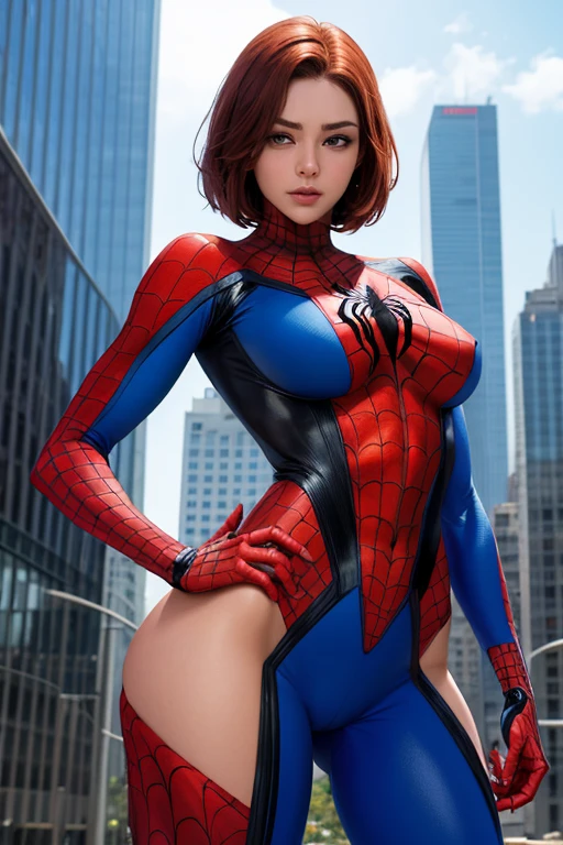 Gere uma obra-prima foto realista, uma mulher vestindo uma roupa do spider man com listras brancas. She's unmasked with a pretty redhead, rosto e corpo coreano, Sardas, cintura fina, figura esbelta, seios grandes, posando como spider man, tallest skyscraper, city Telhado background, Telhado, com vista para a cidade, O vento sopra, seu cabelo ruivo fluindo elegantemente, seios grandes, Garanta detalhes intrincados, Anatomia humana realista,