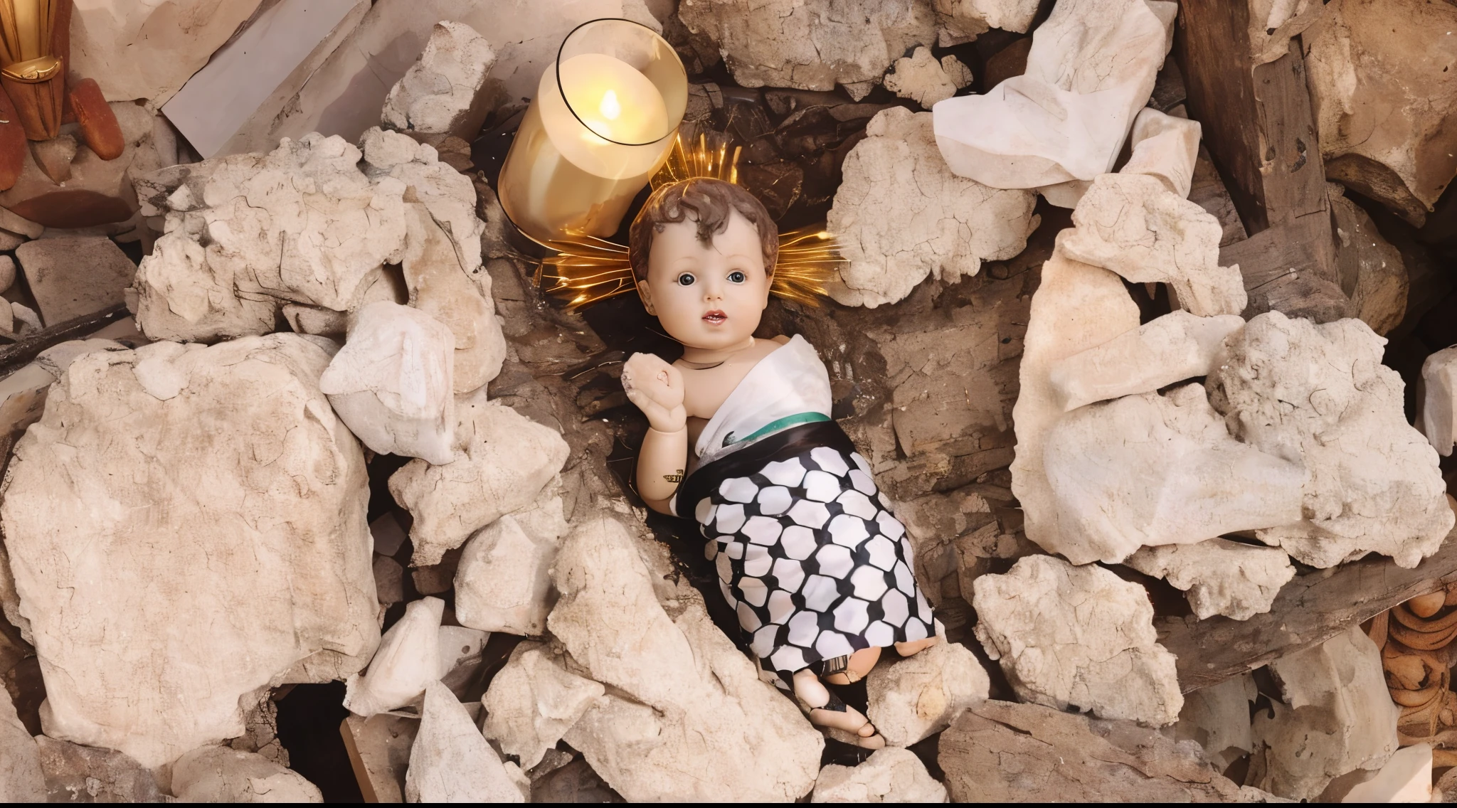 there is a statue of a baby doll with holy gold rays of light emanating from around its head