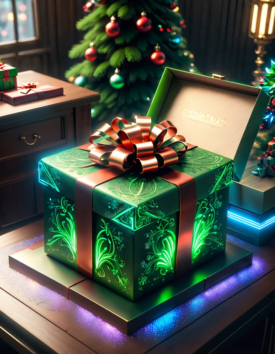 (((1件传统和未来融合的Christmas gifts))),(cyberpunk gifts),(Christmas gifts、glowing gift)、Gifts in the cyberpunk room、(future gift、Packaging of the future)、Gifts in the neon room、gift with luminous pattern、Gift wrapped in cyberpunk style、future gift、Christmas present,(未来和传统的Christmas gifts元素无缝融合,Seamless blend of old and new),No Man,filigree的细节,elegant and charming,highly detailed,unreal-engine,rendering by octane,CGI,naturey,Pubic area is clear,filigree,smoothness,gentlesoftlighting,(concept-art,hyper HD,art station antasyart,epic look at your scene,Intricate patterns,Complicated details,超filigree的绘画,physically-based renderingt,Extremely detailed description,professional,hyper realisitc,beyond human imagination,spectacular lighting,Art station popular,unreal-engine,Global,Best quality,8K,A high resolution,tmasterpiece,ultra - detailed,realistically,1.4x more realism)