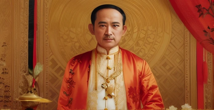 Arafed image of a man in Chinese clothing standing in front of a painting, Raden Saleh, patiphan sottiwilai, mohammed abbasi, thawan duchanee, patiphan sottiwilaiphong, nivanh chanthara, Ceremony pictures, N-9 portraits, historical image