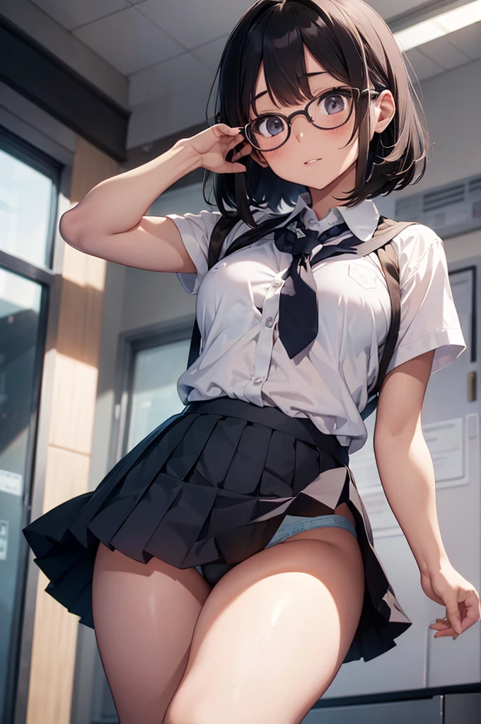 A school girl wearing glasses ,dancing , show off nipples under white shirt, pleated mini skirt, bob hair, show panties, plump body