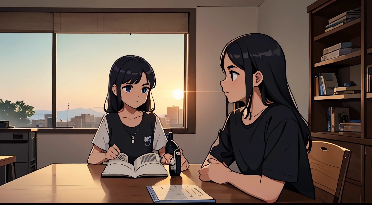 adolescente, estudando, quarto, dia, computador, livro, cabelo preto, homem, madrugada, bottle of water on the table, por do sol, janela