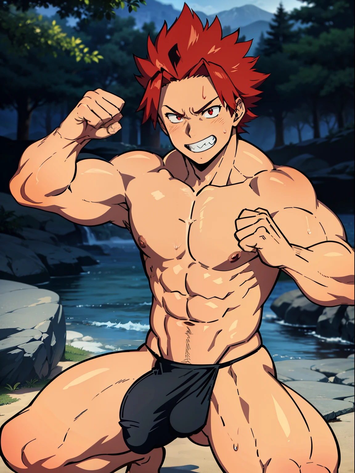 1boy, solo, male focus, looking at viewer, a young handsome muscular boy, male model, kirishima eijiro, red eyes, red hair, large detailed eyes, detailed face, smooth hair, detailed skin, tiny thong, shirtless, pantless, bulge, huge bulge, huge nipples, dark nipples, protruding nipples, huge muscle, blushing, intimidating, glowering, confident, focus, furrowed eyebrows, grinning, white sharp teeth, smug, sweating, training, practicing martial arts, punching, raw power, raw strength, outdoors, various poses, aesthetics, perfect hands, ansatsu kyoushitsu artstyle, sexy and cute