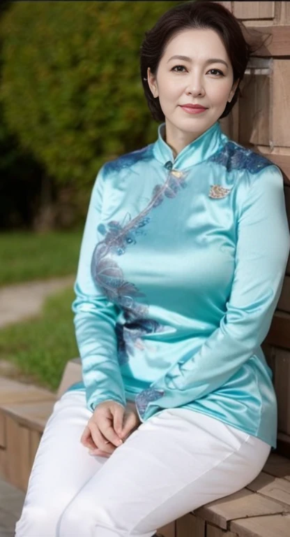47 years old mature,Elegant femininity,happy and charming,tight top,white colorine wrinkles at the corners of the eyes