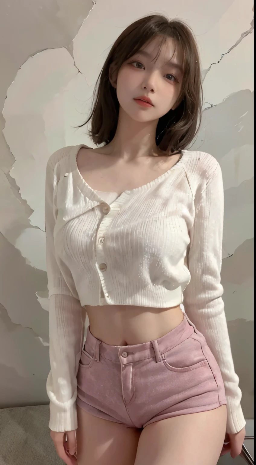 Top image quality、Raw photography、超A high resolution、21-year-old Korean、韓国アイドル、small tits、Dynamic angles、Cowboy Shots、The most beautiful forms chaos、elegent、Brutalist design、Beautiful white hair、a short bob、smil、shiny white skin、Beautiful eyes with random colors、Very beautiful eyes down to the details、elongated eyes、thin lipss、pale pink blush、long eyeslashes、beautiful double eyelid、eyeshadows、Large sweater、hotpants、Large park、shot from a side angle、sexy pose