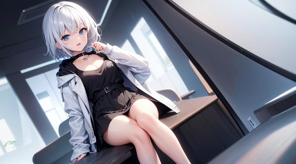 Ultra-high image quality,Look at viewers, hands behind back, girl with, 20 years old, Very short hair, long bangs between eyes, blue eyess,Black eyes, Hoodie, Skirt , Extremely detailed,(​masterpiece、top-quality),White hair、A smile、Fantastical, Silver hair,,  Hoodie, White hoodie,a black skirt,Hair is short,White jacket, Casual style,Open jacket, , look down from above、open open mouth、5 fingers、sit a chair、Dining at the café、eating cakes、collarbone visible