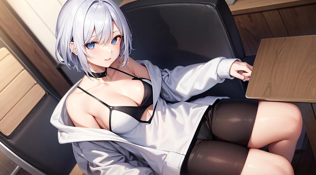 Ultra-high image quality,Look at viewers, hands behind back, girl with, 20 years old, Very short hair, long bangs between eyes, blue eyess,Black eyes, Hoodie, Skirt , Extremely detailed,(masterpiece、top-quality),White hair、A smile、Fantastical, Silver hair,, Hoodie, White hoodie,a black skirt,Hair is short,White jacket, Casual style,Open jacket, , look down from above、open open mouth、5 fingers、sit a chair、Dining at the café、eating cakes、collarbone visible