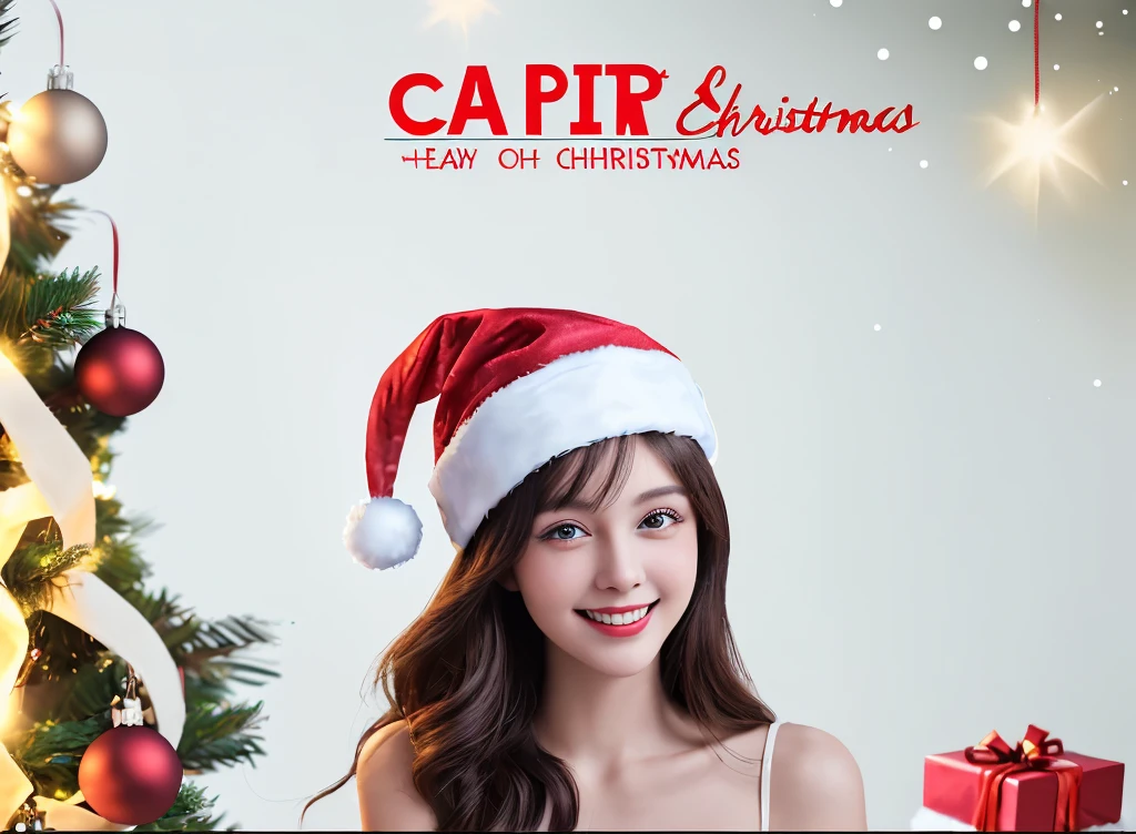 The person in the picture above has not changed..,put on christmas clothes,Put a Christmas hat on your head,Bring Christmas presents,Christmas night view,A sweet smile,Professional studio lighting,Picture text December 25, 2023,English artistic font writing "Merry Christmas",Aperture 4.0,Business posters。