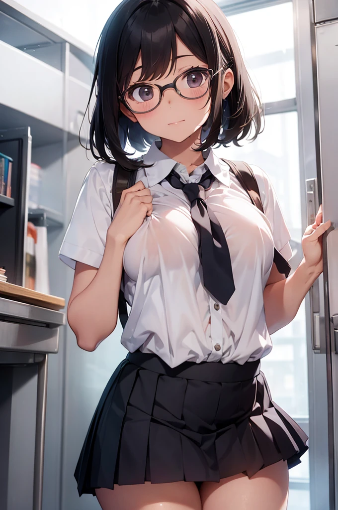 A school girl wearing glasses ,dance , show off nipples under white shirt, pleated mini skirt, bob hair, show panties, plump body