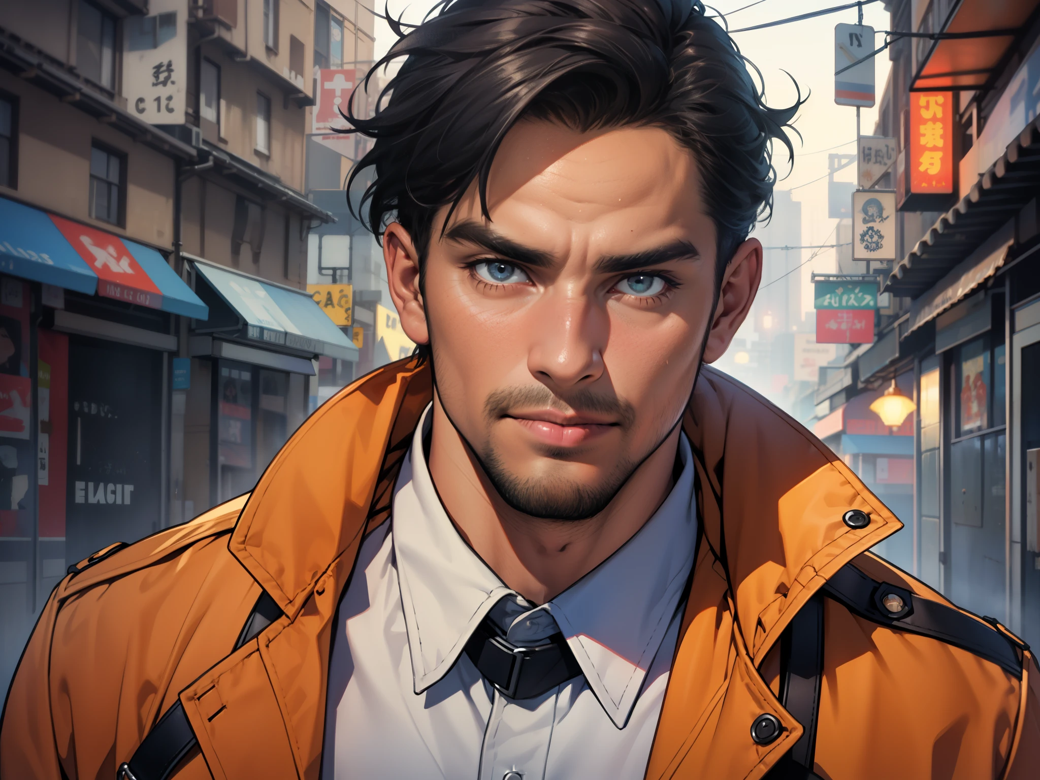 sexy mature daddy, tanned-skin, big bulge, darker skin, stubble, muscular, mystery detective, foggy city street, trench coat, inquisitive glance