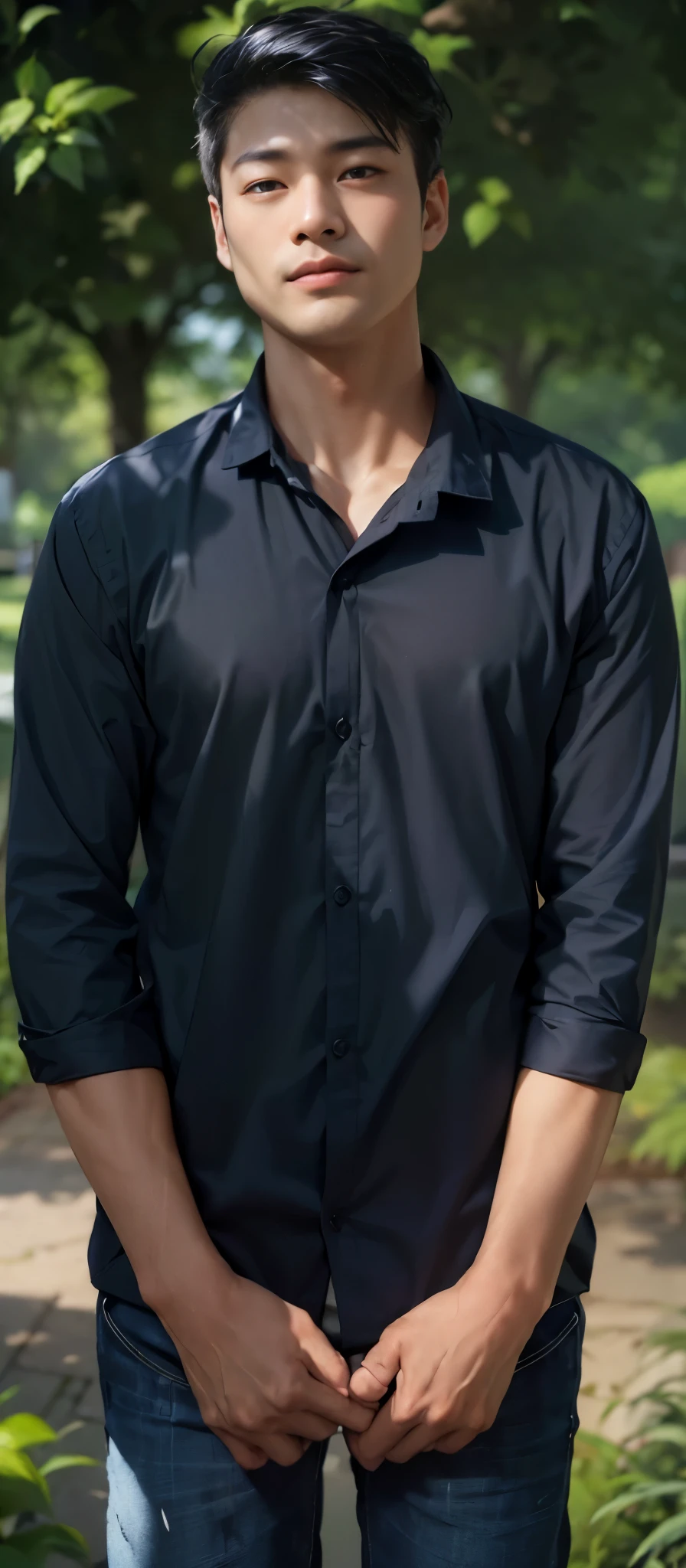 a close up of a man in a blank shirt and black pant, wearing a dark shirt and jeans, navy shirt, wearing in shirt, black shirt, edited, blue shirt, wearing a black shirt, collared shirt, front side, button up shirt, decorative dark blue clothing, attractive and good looking, fully body portrait, full body model, in a beautiful garden