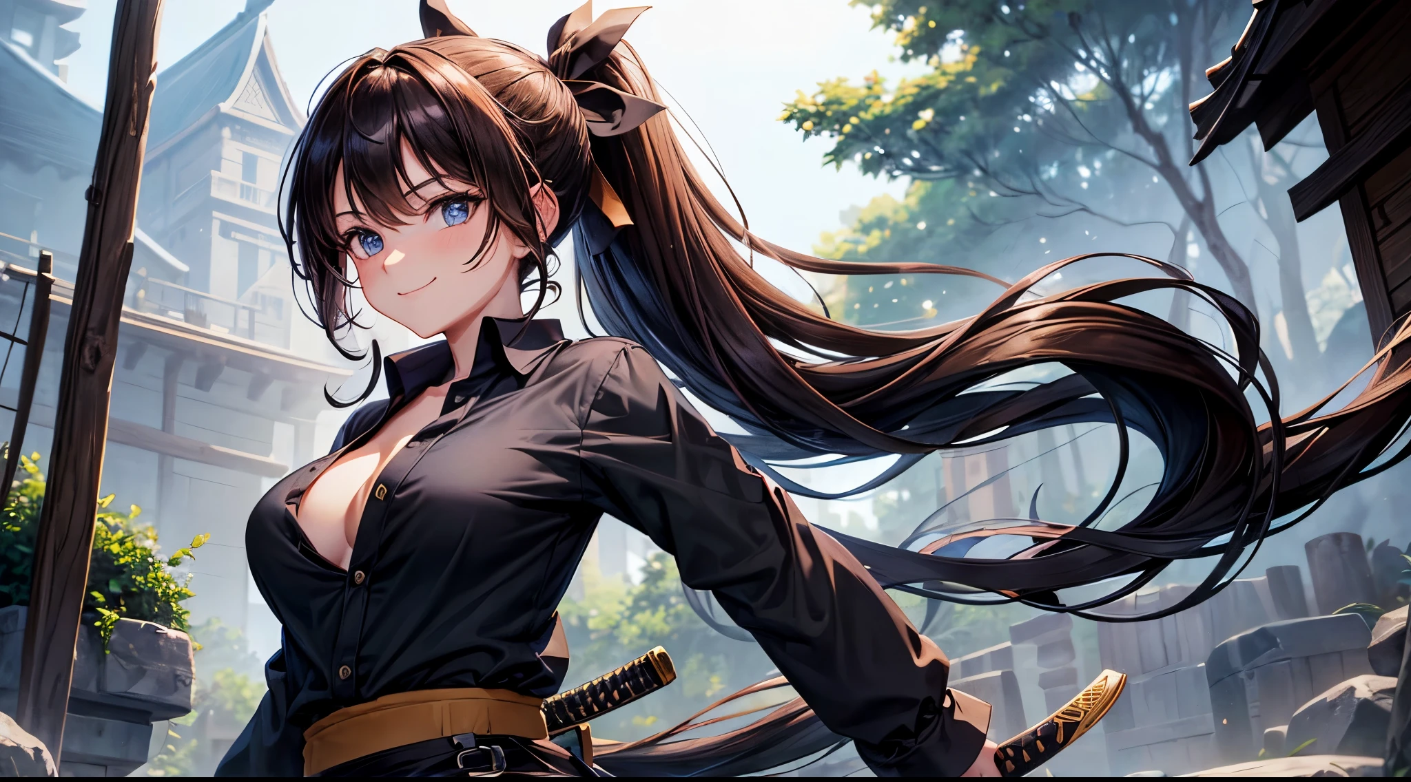 1girl, solo, full body, village, trees, brown hair, long hair, curly hair, ponytail, large breasts, button down shirt, ninja, ((black shirt)), ((unbuttoned shirt)), ((short sleeved shirt)), blue eyes, black shorts, samurai sword, smile, looking at the viewer, standng, hair ribbon