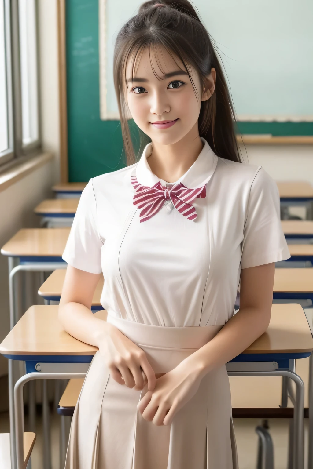 (masterpiece、high-level image quality、hightquality),(femele、High School Teacher、Mid-20s、Cute with good looks:1.5),(perfect anatomia、Perfect and beautiful limbs、Healthy body),(school classrooms、In class)、夏天、Cool、Dress like a teacher、(Colossal tits:1.5、Toned waist、large hips)、「Dear Students, Study hard and get good grades」and says、
