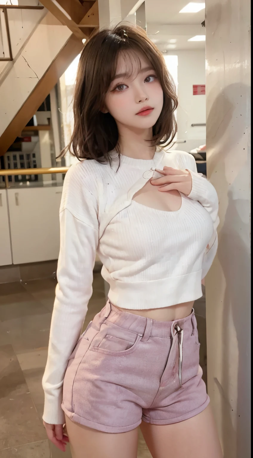 Top image quality、Raw photography、超A high resolution、21-year-old Korean、韓国アイドル、small tits、Dynamic angles、Cowboy Shots、The most beautiful forms chaos、elegent、Brutalist design、Beautiful white hair、a short bob、smil、shiny white skin、Beautiful eyes with random colors、Very beautiful eyes down to the details、elongated eyes、thin lipss、pale pink blush、long eyeslashes、beautiful double eyelid、eyeshadows、Large sweater、hotpants、Large park、shot from a side angle、sexy pose