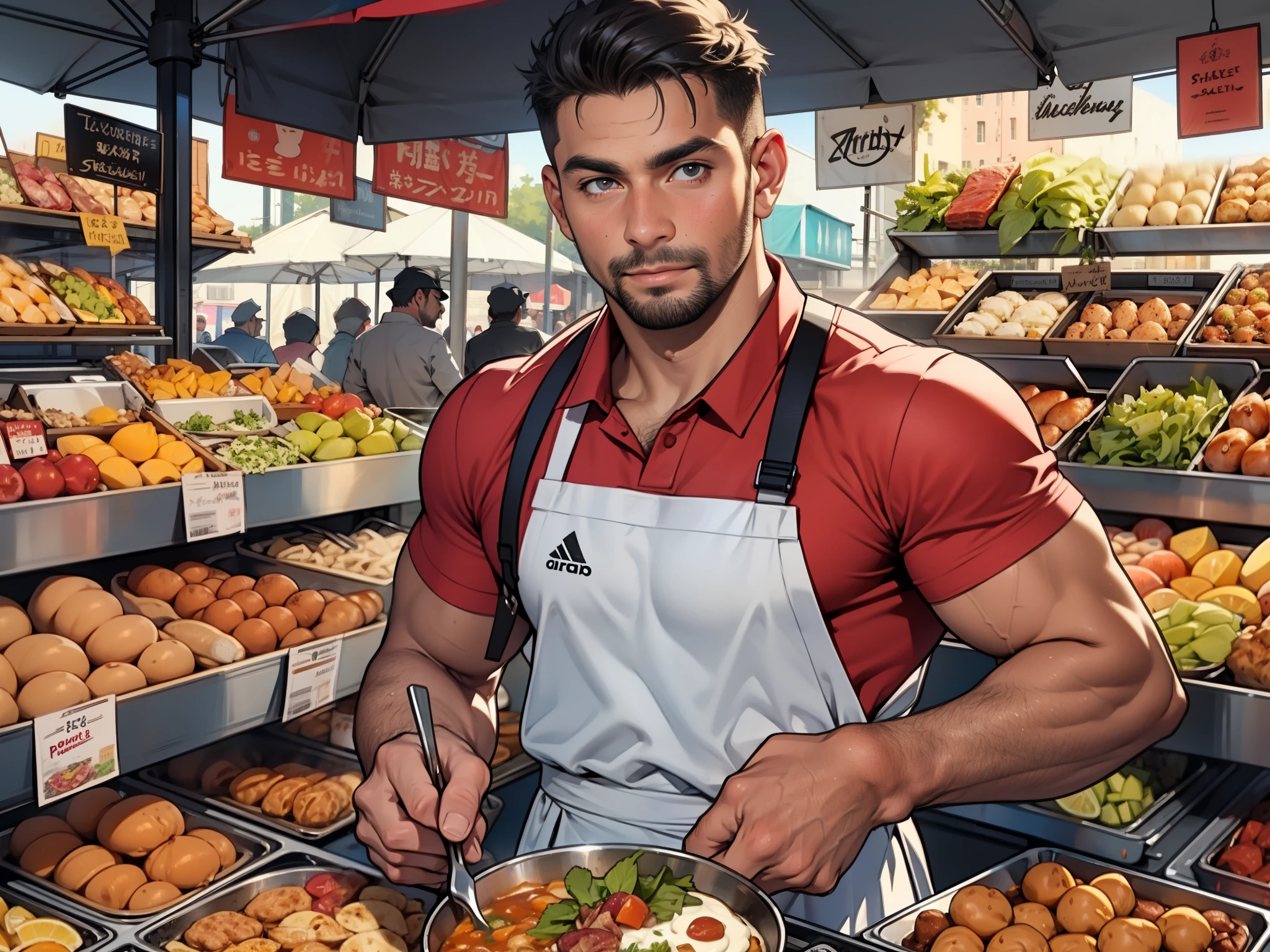 sexy mature daddy, tanned-skin, big bulge, darker skin, stubble, muscular, celebrated chef, outdoor food market, casual chef’s attire, culinary exploration