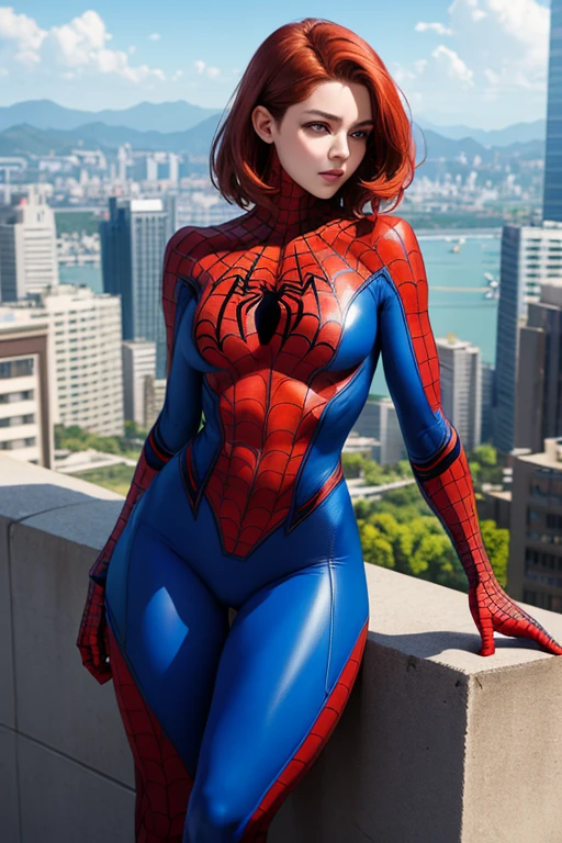 Gere uma obra-prima foto realista, uma mulher vestindo uma roupa do spider man com listras brancas. She's unmasked with a pretty redhead, rosto e corpo coreano, Sardas, cintura fina, figura esbelta, seios grandes, posando como spider man, tallest skyscraper, city Telhado background, Telhado, com vista para a cidade, O vento sopra, seu cabelo ruivo fluindo elegantemente, seios grandes, Garanta detalhes intrincados, Anatomia humana realista,