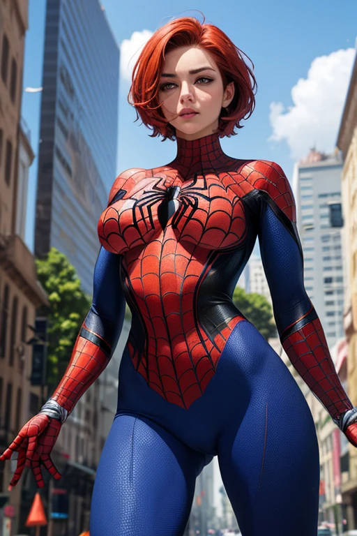 Gere uma obra-prima foto realista, uma mulher vestindo uma roupa do spider man com listras brancas. She&#39;s unmasked with a pretty redhead, rosto e corpo coreano, Sardas, cintura fina, figura esbelta, seios grandes, posando como spider man, tallest skyscraper, city Telhado background, Telhado, com vista para a cidade, O vento sopra, seu cabelo ruivo fluindo elegantemente, seios grandes, Garanta detalhes intrincados, Anatomia humana realista,