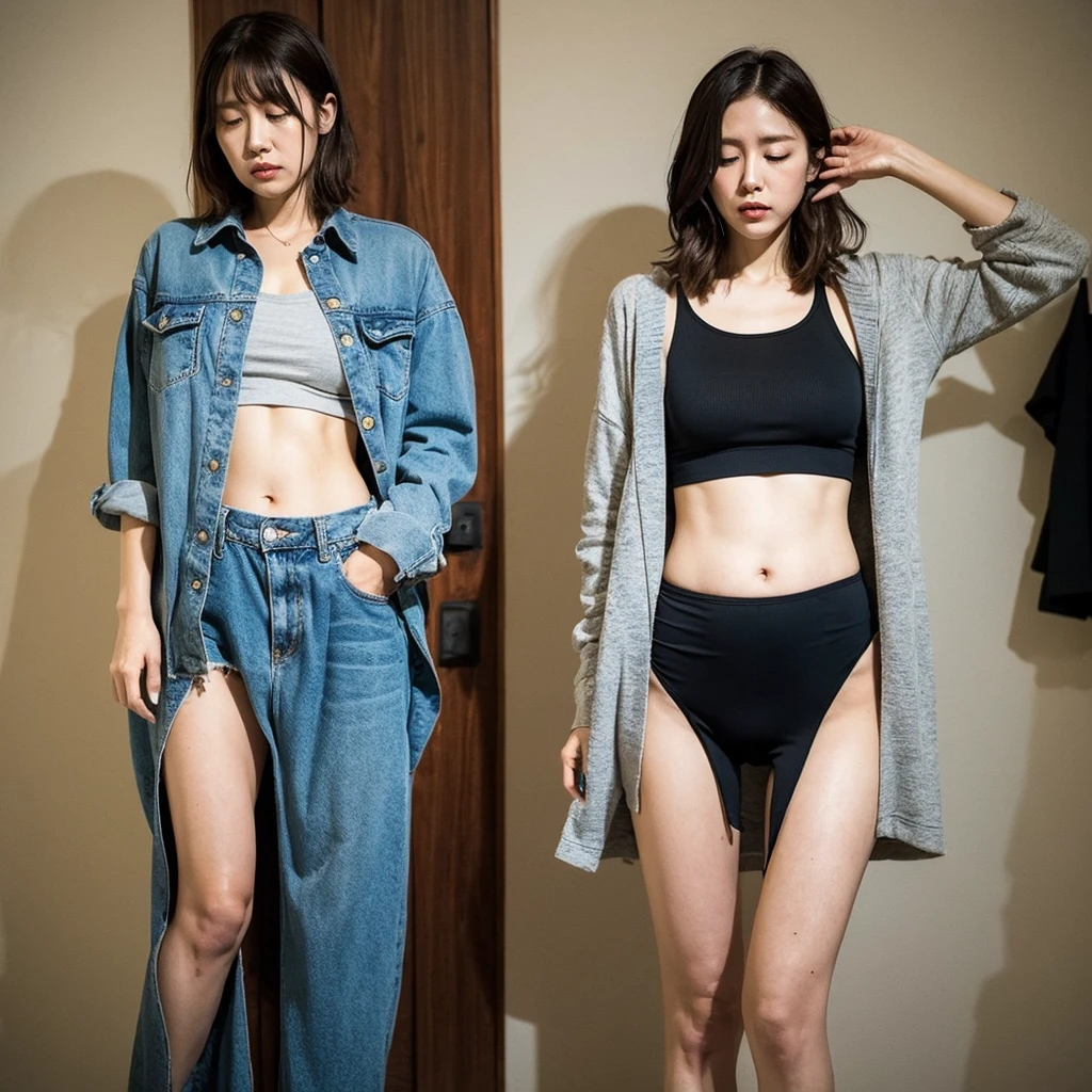 worn-out clothing,wholesome,revealing her belly,glute,upper legs,weeping,