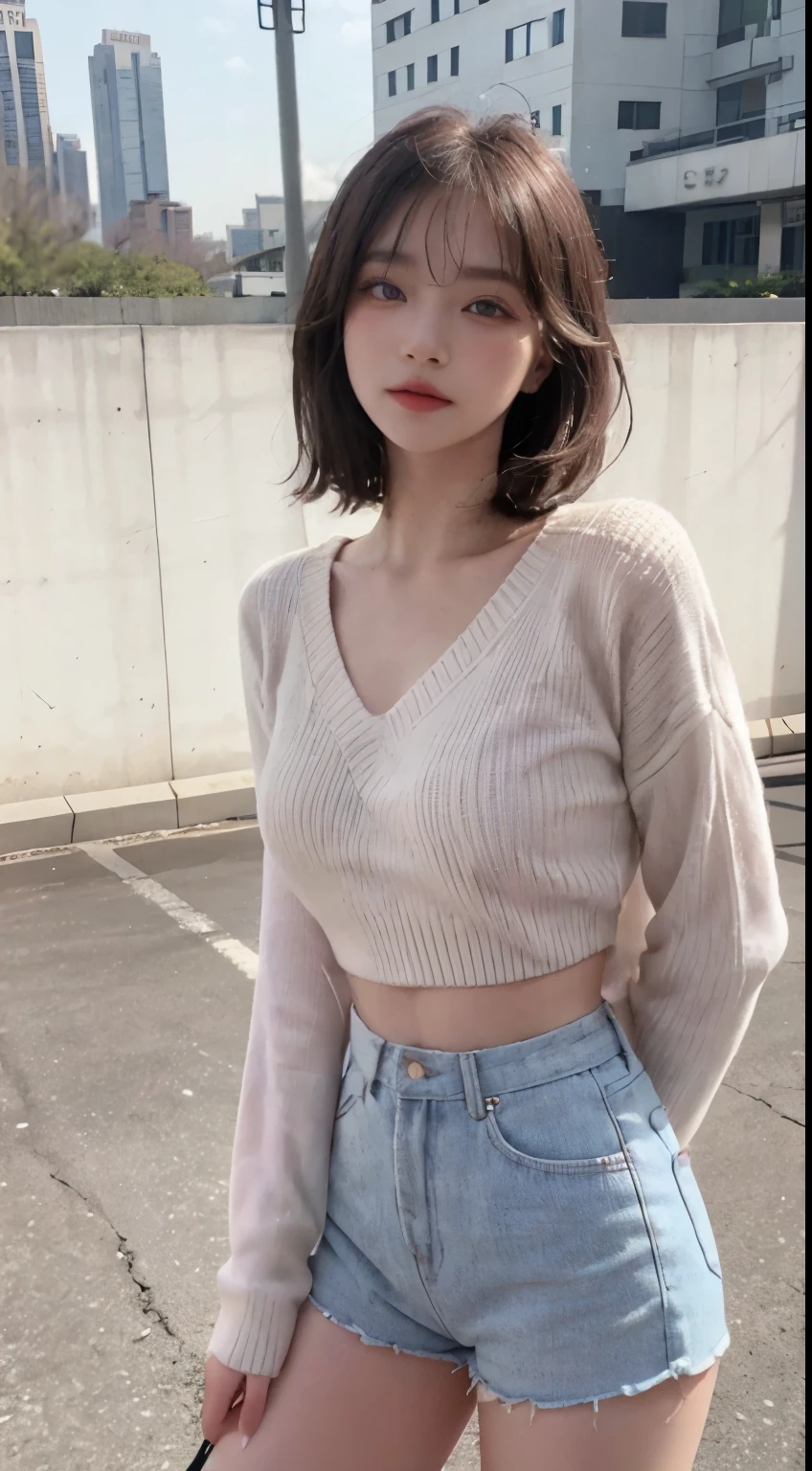 Top image quality、Raw photography、超A high resolution、21-year-old Korean、韓国アイドル、small tits、Dynamic angles、Cowboy Shots、The most beautiful forms chaos、elegent、Brutalist design、Beautiful white hair、a short bob、smil、shiny white skin、Beautiful eyes with random colors、Very beautiful eyes down to the details、elongated eyes、thin lipss、pale pink blush、long eyeslashes、beautiful double eyelid、eyeshadows、Large sweater、hotpants、Large park、shot from a side angle、sexy pose