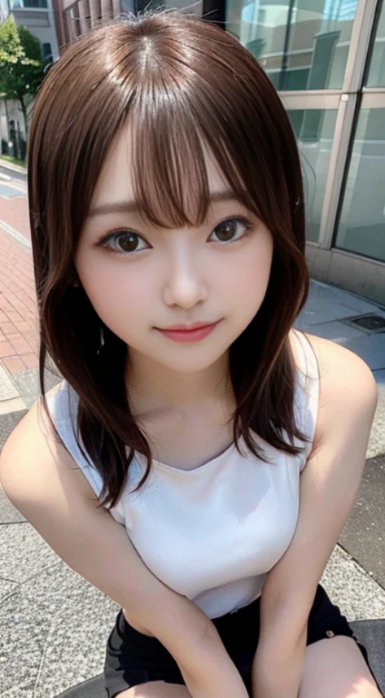 top-quality、超A high resolution、(Photorealsitic:1.4)、(ulzzang-6500:0.4)、Beautie、Korean Idols、18year old、length hair、light brown hair、Clean and wavy hairstyle、small tits、Very small breasts、Realistic eyes, slender narrow eyes、Beautiful eyes、A smile、croptop、Tank Tops、Wear a see-through shirt、a miniskirt、In the street、crouching down、slender、A slender、Slender body lines、Shot diagonally from above