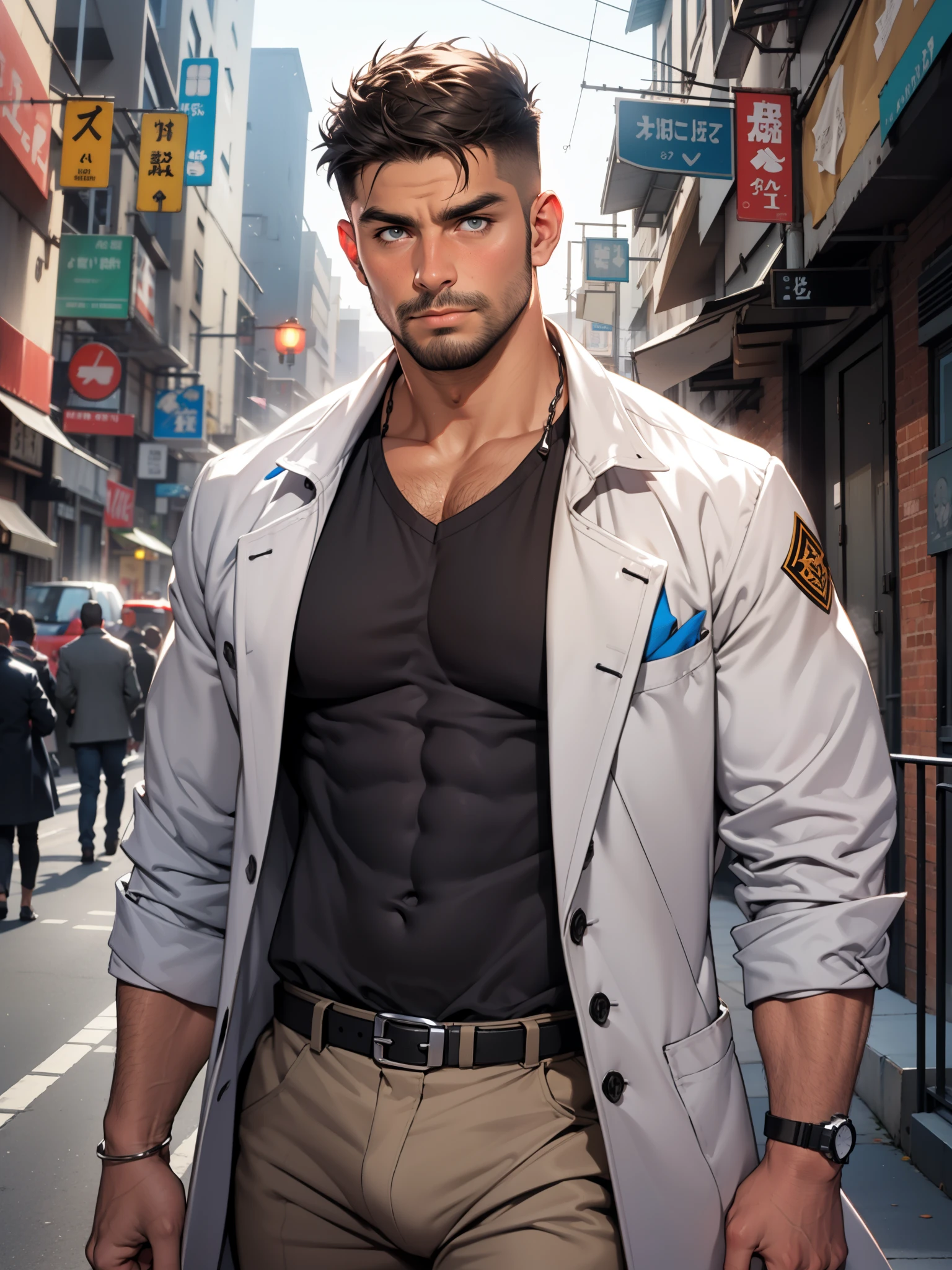 sexy mature daddy, tanned-skin, big bulge, stubble, muscular, mystery detective, foggy city street, trench coat, inquisitive glance