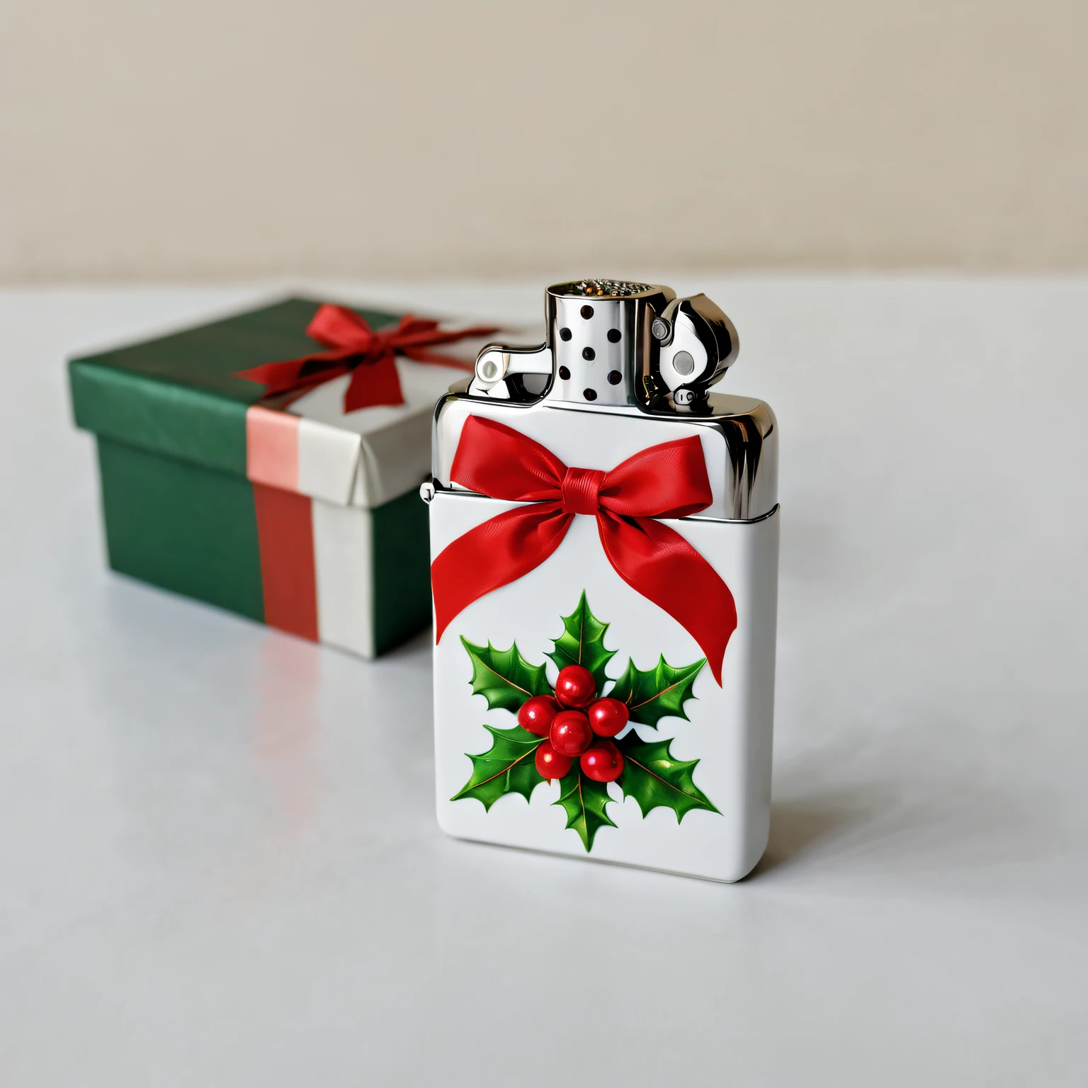 Christmas themed design lighter in gift box,Decorated with red bow,