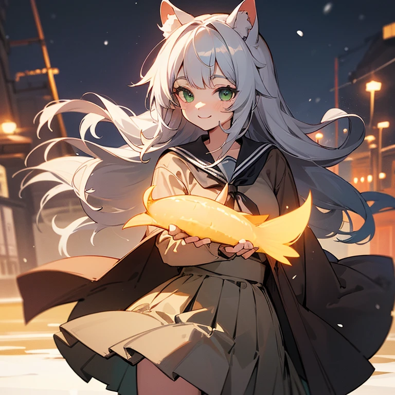 gray half-up long hair,gray raccoon ears,snowy night view,Grey coat,Beige school uniform skirt,green big eyes smiling girl,