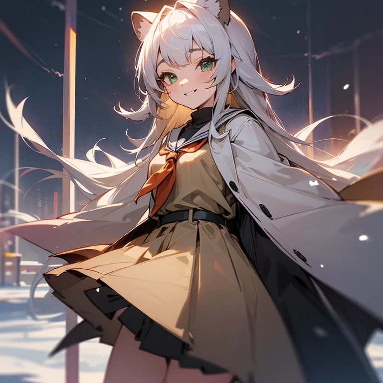 gray half-up long hair,gray raccoon ears,snowy night view,Grey coat,Beige school uniform skirt,green big eyes smiling girl,