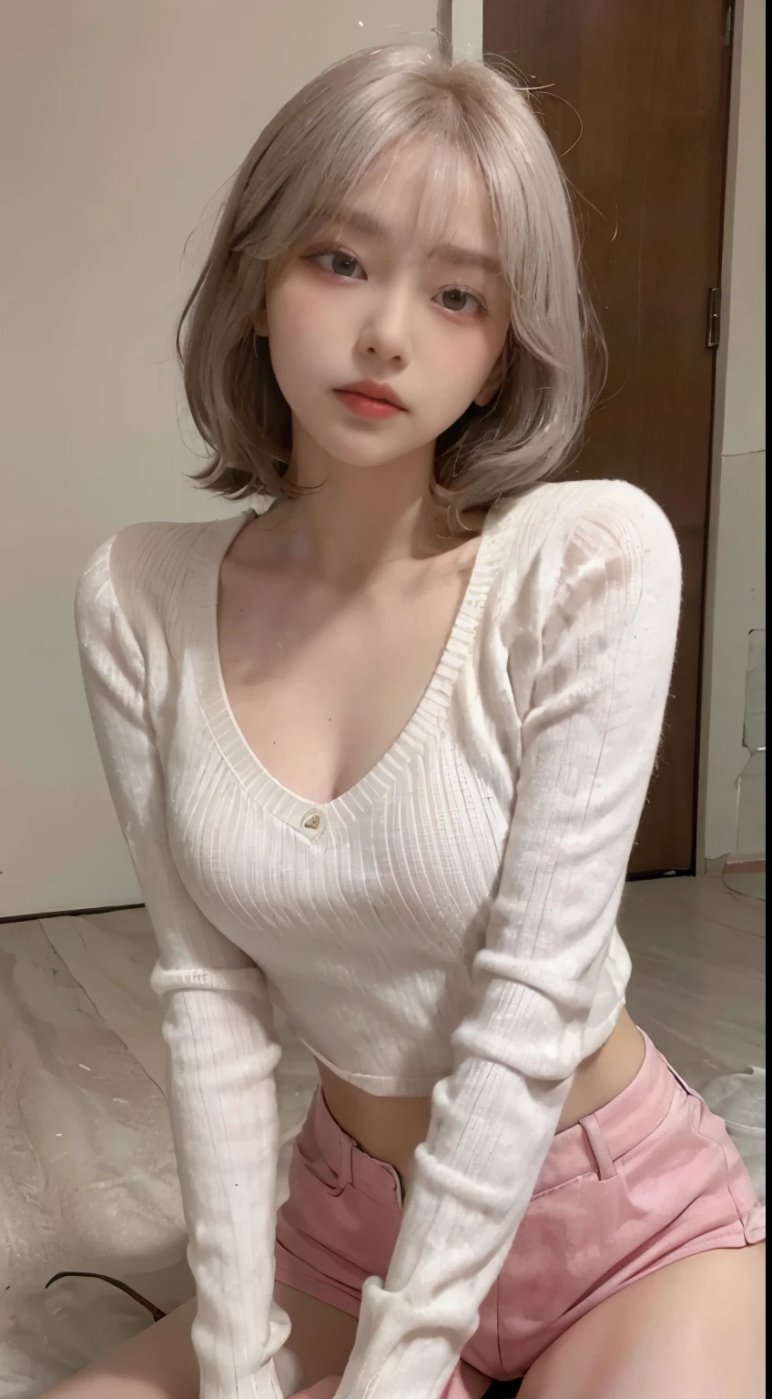 Top image quality、Raw photography、超A high resolution、21-year-old Korean、韓国アイドル、small tits、Dynamic angles、Cowboy Shots、The most beautiful forms chaos、elegent、Brutalist design、Beautiful white hair、a short bob、smil、shiny white skin、Beautiful eyes with random colors、Very beautiful eyes down to the details、elongated eyes、thin lipss、pale pink blush、long eyeslashes、beautiful double eyelid、eyeshadows、Large sweater、hotpants、Large park、shot from a side angle、sexy pose